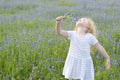 A little girl in a dress and with a bouquet of flowers laughs and plays in a field with cornflowers on a summer day