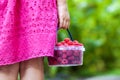 Little girl in dress child hand holdind small basket of ripe raspberries. Close-up Royalty Free Stock Photo