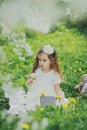 Girl in dress holding bouquet of white daisies in the spring cherry garden Royalty Free Stock Photo