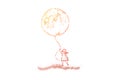 Little girl in dress holding huge moon balloon, faceless preschool child with big present, surreal dream