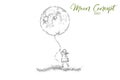 Little girl in dress holding huge moon balloon, faceless preschool child with big present, surreal dream