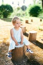 Little girl in a dress sits on a tree stump on the lawn Royalty Free Stock Photo