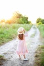 Little girl in dress and straw hat is walking along country road. Happy childhood. Summer vacation. Kid walks along rural road on Royalty Free Stock Photo