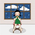 Little girl dresses green dress and lives in house in rainy day with dark blue sky