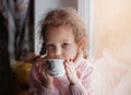 Little girl drinks from a cup by the window Royalty Free Stock Photo