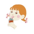 little girl drinks a drink through a straw from a jar. cheerful child. mood. vector illustration. Royalty Free Stock Photo