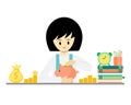 Little girl dropping coin into piggy bank. Kid saving money for her education cartoon vector Royalty Free Stock Photo