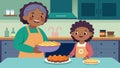 A little girl eagerly helping her grandmother in the kitchen as they prepare a batch of sweet potato pie a traditional