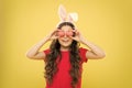 Little girl easter eggs. Happy girl. Bunny celebrate Easter. Keep day holy when Masses are cancelled. Spring holiday Royalty Free Stock Photo