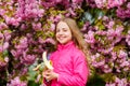 Little girl eat banana. Kid on pink flowers of sakura tree background. Kid enjoying cherry blossom sakura. Happy spring Royalty Free Stock Photo