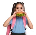 Little girl eating burger on white background.  food for school lunch Royalty Free Stock Photo