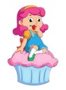 The little girl is eating the cherry and sitting on the cupcake