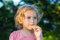 Little girl eating cookie in the park. Small child having snack on a sunny summer day outdoors Royalty Free Stock Photo