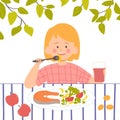 Little girl eating lunch. Healthy food concept. Vector illustration for banners, posters, postcard. Cartoon style character Royalty Free Stock Photo