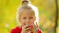 Little girl eating a natural apple ,outdoors . Little girl eating a natural apple in autumn Park. Healthily concept. Healthy