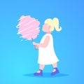 Little girl eating pink candy-floss cute child walking city park having fun female cartoon character full length blue Royalty Free Stock Photo