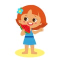 Little Girl Eating Watermelon. Happy Holidays. Isolated Happy Summer Girl Vector Flat Style.