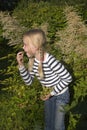 Little girl eats grape in garden