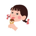 little girl with dark hair eats ice cream and rejoices. cheerful child. mood. ice cream. vector illustration.