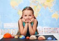 Little girl in elementary science class with her home project Royalty Free Stock Photo