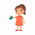 Little girl with empty wallet in hand flat vector illustration. Upset poor child cartoon character.