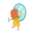 Little Girl Engaged in Housework Wiping Mirror Vector Illustration