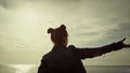 Little girl enjoy beach st sunset sea. Cute child play stone shells on holiday. Royalty Free Stock Photo