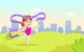 Little girl exercising with gymnastic ribbon in the park. Children sport, training outdoors. Cartoon flat vector