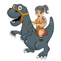 Little girl explorer riding a dinosaur velociraptor Royalty Free Stock Photo