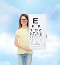 Little girl in eyeglasses with eye checking chart Royalty Free Stock Photo