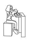 Little girl in facial mask sits on a high chair, draws coronavirus. Monochrome vector illustration of masked cute girl