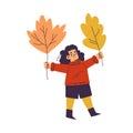 Little Girl in Fall Season Holding Huge Leaf Enjoy Outdoor Activity Vector Illustration