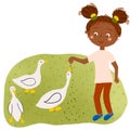 Little girl farmer feeds geese. Cute farm scene isolated element. Hand drawn illustration in childish style.