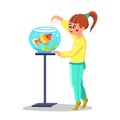 Little Girl Feed Fish In Fishbowl Aquarium Vector Royalty Free Stock Photo