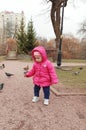 Little girl feed pigeons in city park at spring