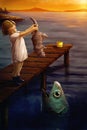 Little girl feeding a cat to a fish - surreal digital art