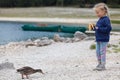 Little girl feeding ducks at Black Lake in Royalty Free Stock Photo