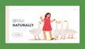 Little Girl Feeding Fowl Landing Page Template. Child in Outdoor Zoo Park or Farm. Baby Care of Geese Birds on Farmland