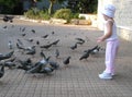 Little girl feeding pigeons