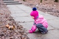 Little girl feeding squirrel with nuts in forest. Royalty Free Stock Photo