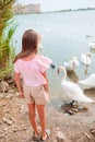 Little girl sitting on the beach with swans Royalty Free Stock Photo