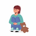 Little girl feeling lonely. Apathy, depression. Child Playing Alone With bear toy