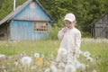 Beautiful child with dandelion flowers in park in summer. Happy kid having fun outdoors. Royalty Free Stock Photo