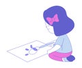 Little Girl First Grader Sitting on the Floor and Painting on Paper with Brush and Colors Vector Illustration