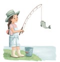 Little girl fishing. Full length of smiling girl holding fishing rod with fish on hook. Watercolor illustration Royalty Free Stock Photo