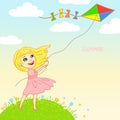 Little girl flies a kite: square drawing with a place for the text