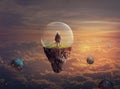 Little girl on a floating island covered with glass bubble; Disease-virus protection concept; Elements of this image furnished by