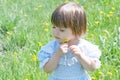 Little girl with flower enjoying nature in summer. Cute child with dandelion flower Royalty Free Stock Photo