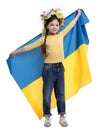 Little girl in flower wreath with flag of Ukraine on white background Royalty Free Stock Photo