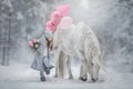 Little girl with with flowers bouquet and white horse Royalty Free Stock Photo